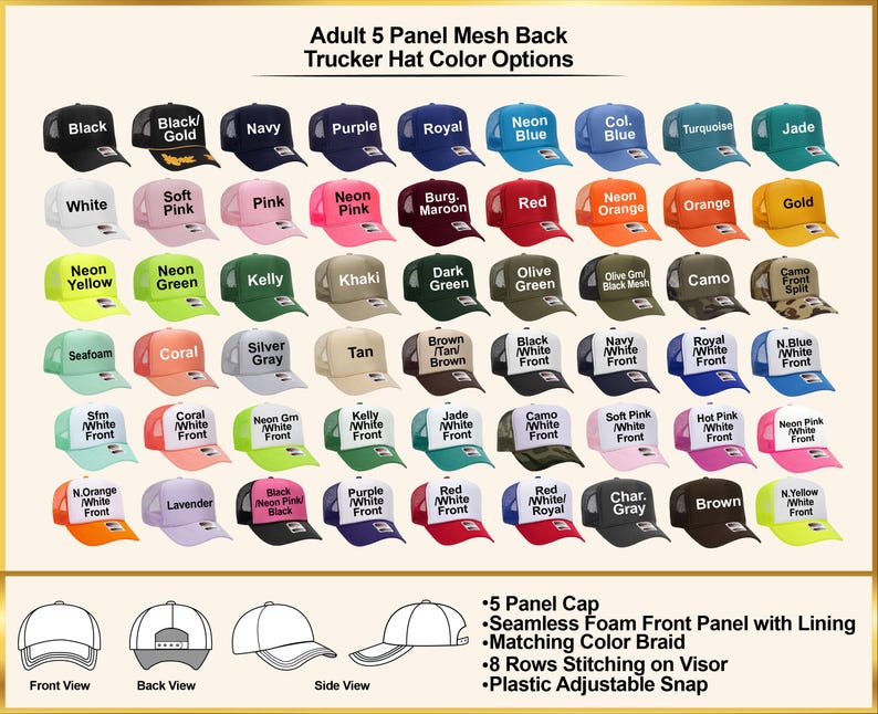 May include: A color chart displaying various adult 5-panel mesh back trucker hats with foam front panels, matching color braids, and plastic adjustable snaps. The image includes text labels for each color option and diagrams showing front, back, and side views.