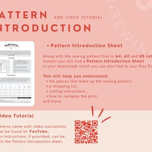 Op de afbeelding: Een roze en witte afbeelding met de tekst "PATTERN INTRODUCTION" in rood. De afbeelding bevat ook een naaipatroonblad, een QR-code en de tekst "Dit helpt u te begrijpen: de onderdelen die het naaipatroon vormen, een boodschappenlijst, snij-instructies, hoe u door de print navigeert, en meer."