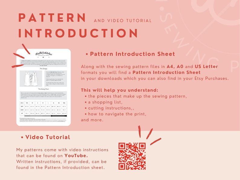 Op de afbeelding: Een roze en witte afbeelding met de tekst "PATTERN INTRODUCTION" in rood. De afbeelding bevat ook een naaipatroonblad, een QR-code en de tekst "Dit helpt u te begrijpen: de onderdelen die het naaipatroon vormen, een boodschappenlijst, snij-instructies, hoe u door de print navigeert, en meer."