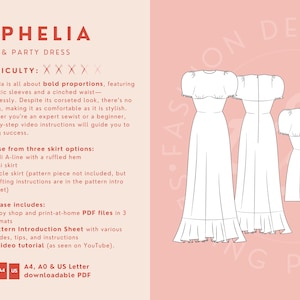 Op de afbeelding: Een digitale illustratie van een kledingpatroon genaamd "Ophelia" met drie verschillende rok-opties: een midi A-lijn met een gerimpelde zoom, een minirok en een cirkelrok. Het patroon bevat een video-tutorial en is beschikbaar in A4, A0 en US Letter formaten.