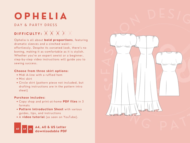 Op de afbeelding: Een digitale illustratie van een kledingpatroon genaamd "Ophelia" met drie verschillende rok-opties: een midi A-lijn met een gerimpelde zoom, een minirok en een cirkelrok. Het patroon bevat een video-tutorial en is beschikbaar in A4, A0 en US Letter formaten.