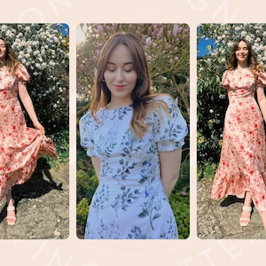 Op de afbeelding: Drie vrouwen dragen verschillende bloemenprintjurken. De jurken hebben pofmouwen en een getailleerd lijfje. De vrouwen staan voor een achtergrond van groene bomen en bloemen.
