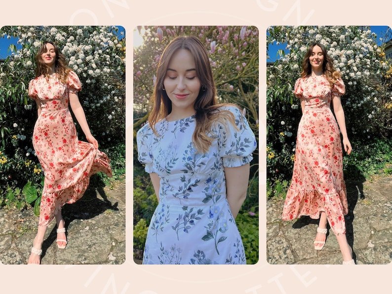 Op de afbeelding: Drie vrouwen dragen verschillende bloemenprintjurken. De jurken hebben pofmouwen en een getailleerd lijfje. De vrouwen staan voor een achtergrond van groene bomen en bloemen.