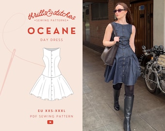 Puede incluir: Un patrón de costura para un vestido vaquero llamado "Oceane" de Thrills & Stitches. El patrón está disponible en tallas EU XXS-XXXL y es una descarga PDF. La imagen muestra a una mujer usando un vestido vaquero similar al patrón.
