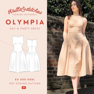 May include: A sewing pattern for a sleeveless dress called "Olympia" in sizes XXS-XXXL. The pattern is for a day or party dress. The image shows a model wearing a beige version of the dress.