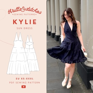Op de afbeelding: Een naaipatroon voor een zonnedress genaamd "Kylie". Het patroon is verkrijgbaar in de maten XS-XXXL en is een PDF-download. De afbeelding toont een vrouw die een zwarte versie van de jurk draagt.
