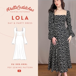 Puede incluir: Un vestido de estampado floral blanco y negro con escote cuadrado y mangas largas. El vestido se muestra en una modelo y tiene un corpiño ajustado y una falda fluida. El vestido se llama "Lola" y es un vestido de día y de fiesta. El texto "thrills & stitches" también se muestra en la imagen. El vestido está disponible en tallas EU XXS-XXXL.