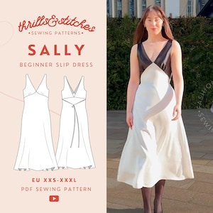 Sally Slip Dress PDF Sewing Pattern – Easy V-Neck Beginner-Friendly Midi Dress (Sizes XXS-3XL)
