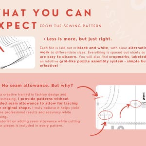 Op de afbeelding: Een afbeelding met tekst die luidt "What You Can Expect From The Sewing Pattern". De afbeelding toont twee voorbeelden van naaipatronen. Het eerste voorbeeld is een zwart-wit naaipatroon met afwisselende lijnen om de maten te onderscheiden. Het tweede voorbeeld is een zwart-wit naaipatroon zonder naadtoeslag. De tekst legt uit dat de patronen zijn ontworpen zonder naadtoeslag om het traceren van de originele vorm mogelijk te maken.