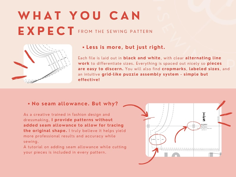 Op de afbeelding: Een afbeelding met tekst die luidt "What You Can Expect From The Sewing Pattern". De afbeelding toont twee voorbeelden van naaipatronen. Het eerste voorbeeld is een zwart-wit naaipatroon met afwisselende lijnen om de maten te onderscheiden. Het tweede voorbeeld is een zwart-wit naaipatroon zonder naadtoeslag. De tekst legt uit dat de patronen zijn ontworpen zonder naadtoeslag om het traceren van de originele vorm mogelijk te maken.
