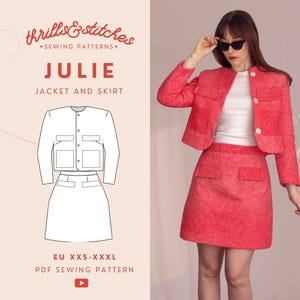 May include: A sewing pattern for a jacket and skirt set called "Julie". The pattern is available in sizes EU XXS-XXXL and is a PDF download. The image shows a white line drawing of the jacket and skirt, and a woman wearing a red version of the outfit.