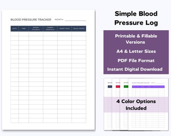 Blood Pressure Log Printable Template, Editable Blood Pressure Chart, High Blood Pressure Tracker, Blood Pressure Record, A4 & Letter