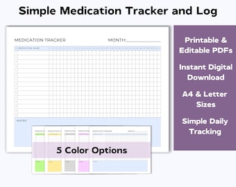 Op de afbeelding: Printbare medicijn tracker en logboek met een maandelijkse kalendergrid. De tracker heeft een sectie voor medicijnnaam en notities. De afbeelding toont vijf kleur opties voor de tracker. De tekst "Printbare & bewerkbare PDF's", "Direct digitaal downloaden", "A4 & Letter formaten", "Eenvoudige dagelijkse tracking" en "5 Kleuropties" is ook in de afbeelding opgenomen.