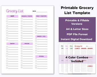 Grocery List Printable Template, Food List, Grocery Shopping Planner, Digital Grocery List, Instant PDF Download, Editable PDF, Customizable