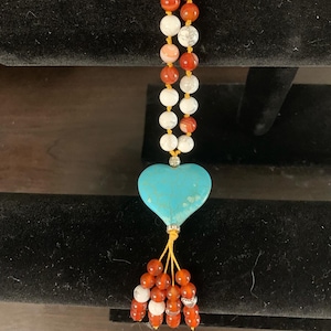 Purse Flair - Mala Inspired Purse Charm - Bag Bling - Zipper Charm - Gemstone Bead Charm - Turquoise Marcasite Heart - Carnelian - Howlite