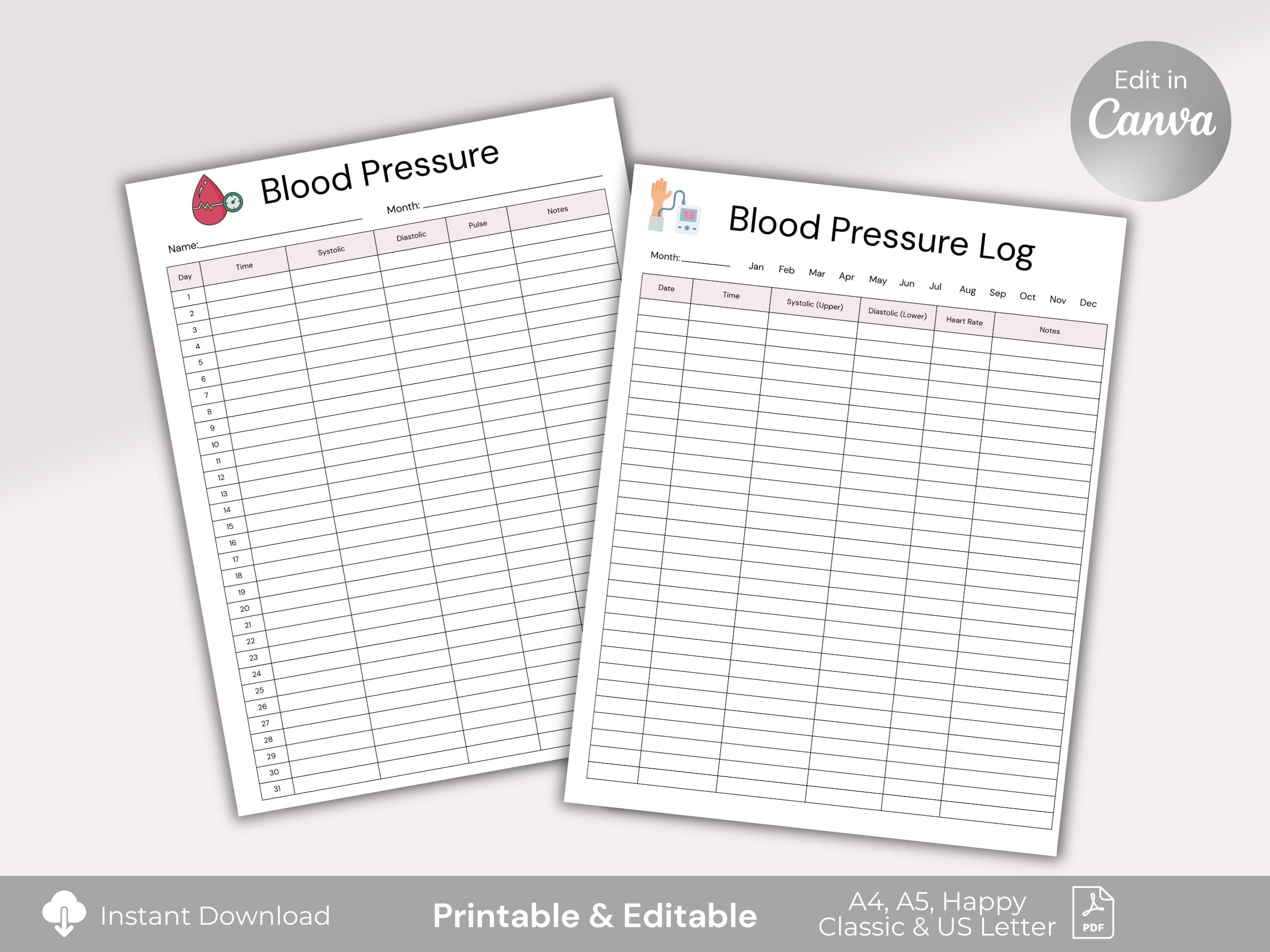 Blood Pressure Log Printable, Daily Medical Tracker (editable in Canva ...