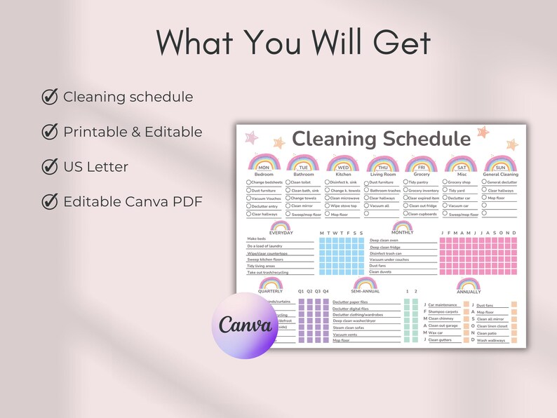 Editable Rainbow Cleaning Schedule, Family Chore Chart, Daily Cleaning ...