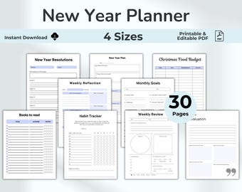 New Year Planner Printable, Goals, Weekly Review, Customizable in Canva (Digital Download)