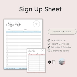 Editable Sign Up Sheet Template, Event Sign Up Sheet, Volunteer Sign Up, Registration Form, Contact Sheet, Sign Up Form, A4 & US Letter Size