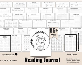 May include: A digital reading journal with over 85 pages, including calendars for 2025 and 2026. Features include book reviews, trackers, and a series overview. The journal is available in A4, A5, and US letter sizes.