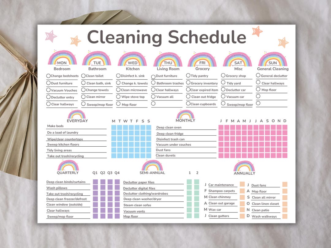 Editable Rainbow Cleaning Schedule, Family Chore Chart, Daily Cleaning ...