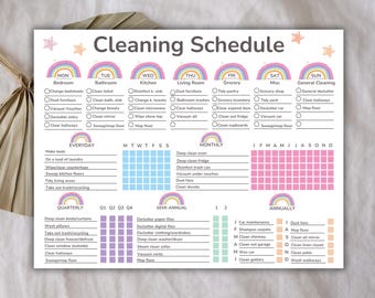 Könnte beinhalten: Ein druckbarer Reinigungsplan mit Regenbogen-Design. Der Plan ist in tägliche, wöchentliche, monatliche, vierteljährliche, halbjährliche und jährliche Aufgaben unterteilt. Der Text umfasst Reinigungsaufgaben für Schlafzimmer, Bad, Küche, Wohnzimmer, Lebensmittel usw.