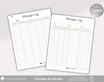 Puede incluir: Dos hojas de registro de kilometraje imprimibles con el texto "Mileage Log". Las hojas tienen columnas para la fecha, las lecturas del odómetro, el destino y las notas. La parte inferior de las hojas tiene el texto "Total Mileage". La imagen también incluye el texto "Printable & Editable".