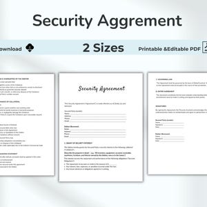 May include: A digital download product featuring a "Security Agreement" template. The image displays three pages of the agreement, with the title at the top. The document is available in two sizes and is printable and editable in PDF format.