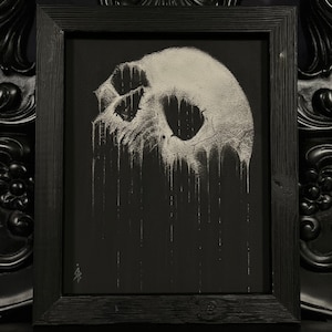 ORIGINAL Melty Gothic Style Skull Framed Wall Art 8x10 Original Handmade Charcoal Drawing. Solid wood frame 12X10 Occult Art, Dark Art, Goth