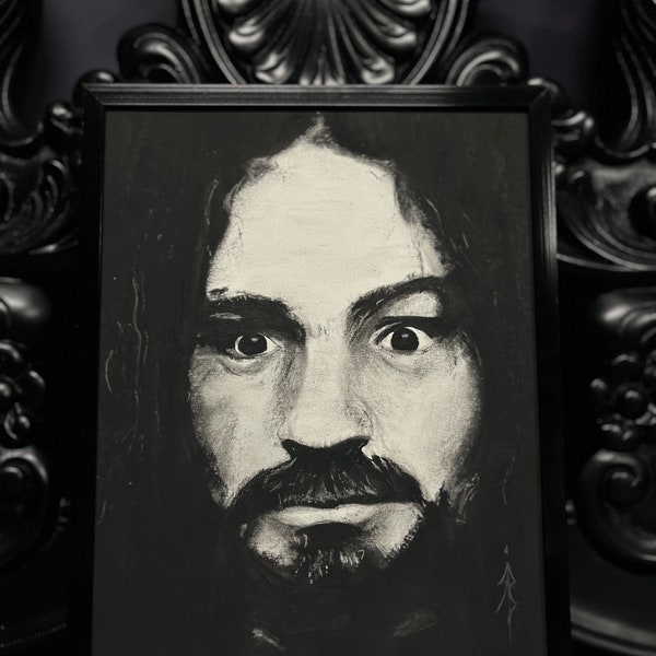 Charles Manson Portrait Original Drawing framed Wall Art 8x10 Original Handmade Charcoal Drawing. @RichBlackwork