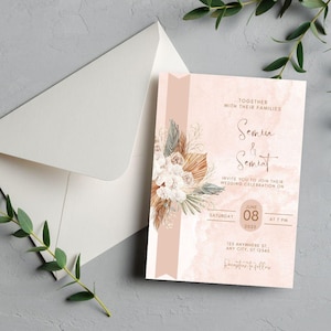 Convite de casamento estético floral marrom, modelo de convite de casamento para impressão Canva, cartões de casamento, RSVP de casamento, convite de casamento digital