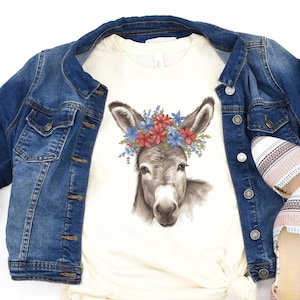 Floral Donkey Tshirt // Cute Donkey Mom T-Shirt for Fourth of July // Patriotic Donkey Lover Gift // Farm Animal Tee