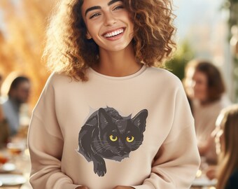 Black Cat Halloween-sweater met ronde hals//Spooky Season Halloween-shirt//Cat Mama feestelijke herfsttrui//Halloweenshirt voor kattenliefhebbers