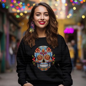 Day of the Dead Halloween Crewneck Sweatshirt Sugar Skull Shirt for Halloween Dia de los Muertos Sweatshirt Festive Latin Party Apparel