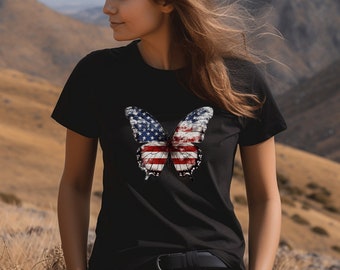 Fourth of July Shirt | 250th Birthday Patriotic Butterfly T-shirt | Red White and Blue Graphic Tee for Nature Lovers | American Flag Shirt