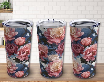 Bunter Pfingstrosen-Blüten-Druck 20 Unzen Reisebecher // Umweltfreundliche wiederverwendbare Blumentasse // Geschenk für Lehrer // Botanische Kaffeetasse