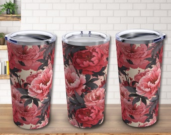 Rote und rosa Pfingstrose Floral Design 20 Unzen Reisebecher // Von der Natur inspirierte Edelstahltasse // Botanisches Geschenk