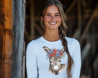 Donkey Lover T-shirt met lange mouwen en patriottische bloemen ezel T-shirt cadeau voor Donkey Mama //cadeau Homesteader //shirt hobbyboer