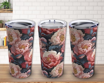 Pfingstrose Blumenmuster 20 Unzen Reisebecher / Rosa Blüten Edelstahltasse / Botanische Edelstahltasse / Geschenk zum Muttertag