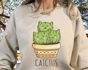 Cat Cactus Crewneck Sweatshirt: Funny Plant Lover Gift