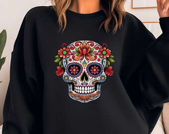 Dag van de Dode Halloween-sweater met ronde hals // Sugar Skull-shirt // Dia de los Muertos-trui // Cinco de Mayo-feestshirt