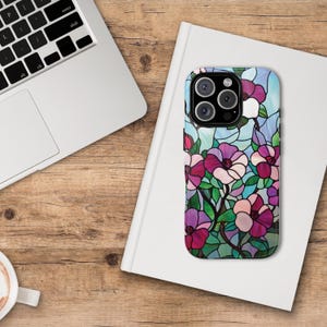 Phone Cases iPhone 16 15 14 13 12 11 Samsung Galaxy Google Pixel Cover Pink Floral Faux Stained Glass Tough Case Botanical Gift Idea Mother
