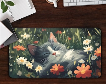 Gray Cat Desk Mat Office Desk Accessory Kitten Gaming Mouse Pad Cute Floral Cat Workspace Decor Cat Lover Gift Floral Desk Organization Mat