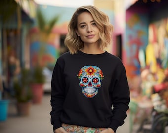 Day of the Dead Halloween Crewneck Sweatshirt // Dia de Los Muertos Celebration Shirt // Sugar Skull Shirt for Cinco de Mayo //  Fiesta Top