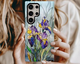 Iris Floral Samsung Galaxy Phone Case S25 S24 S23 S22 Protective Smart Phone Cover Faux Stained Glass Iris Art Phone Cases Samsung Galaxy