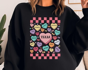 Texas Candy Hearts Valentines Sweatshirt Cowgirl Western Sweater Fun Retro Checkered Border Valentines Gift for Her Texan Rodeo Lover Gift