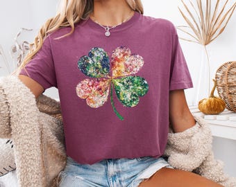 St. Patrick's Day Glitter Shamrock T-shirt // Comfort Colors Four Leaf Clover Shirt // Lucky St. Paddy's Day Tee