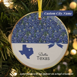 Texas Christmas Ornament Personalized Xmas Ornament Custom Texas Bluebonnet Souvenir Holiday Decor Botanical Design Bag Tag Gardener Gift