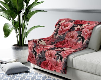 Cozy Peony Floral Sherpa Fleece Blanket // Vibrant Spring Floral Home Decor // Soft and Snuggly Gardener Gift // Luxurious Throw Blanket