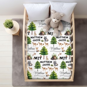 Forest Woodland Baby Blanket Custom Baby Shower Gift Personalized Forest Animals Baby Boy Name Plush Blanket Woodland Theme Nursery Decor
